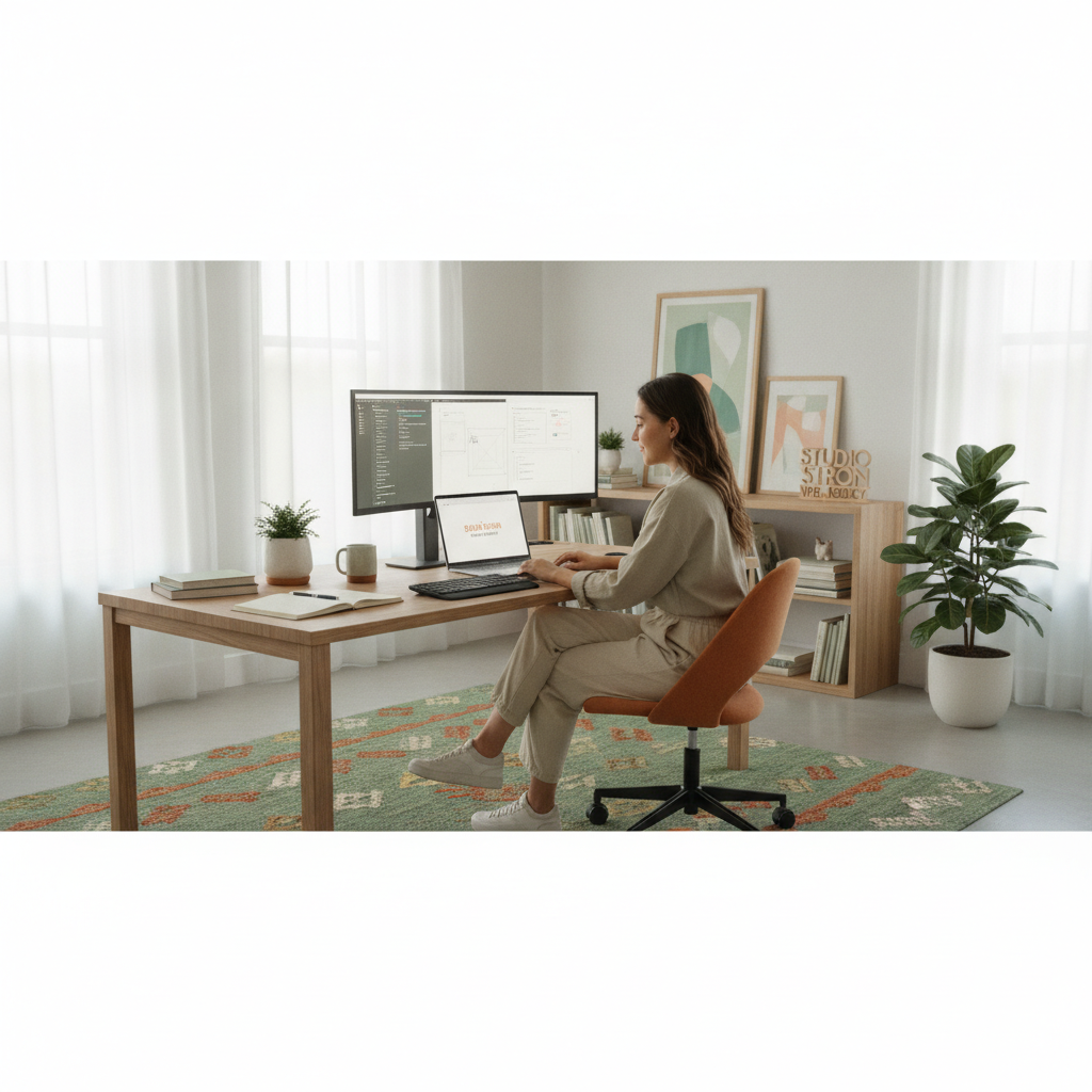 Freelance web designer working on laptop in modern home office
