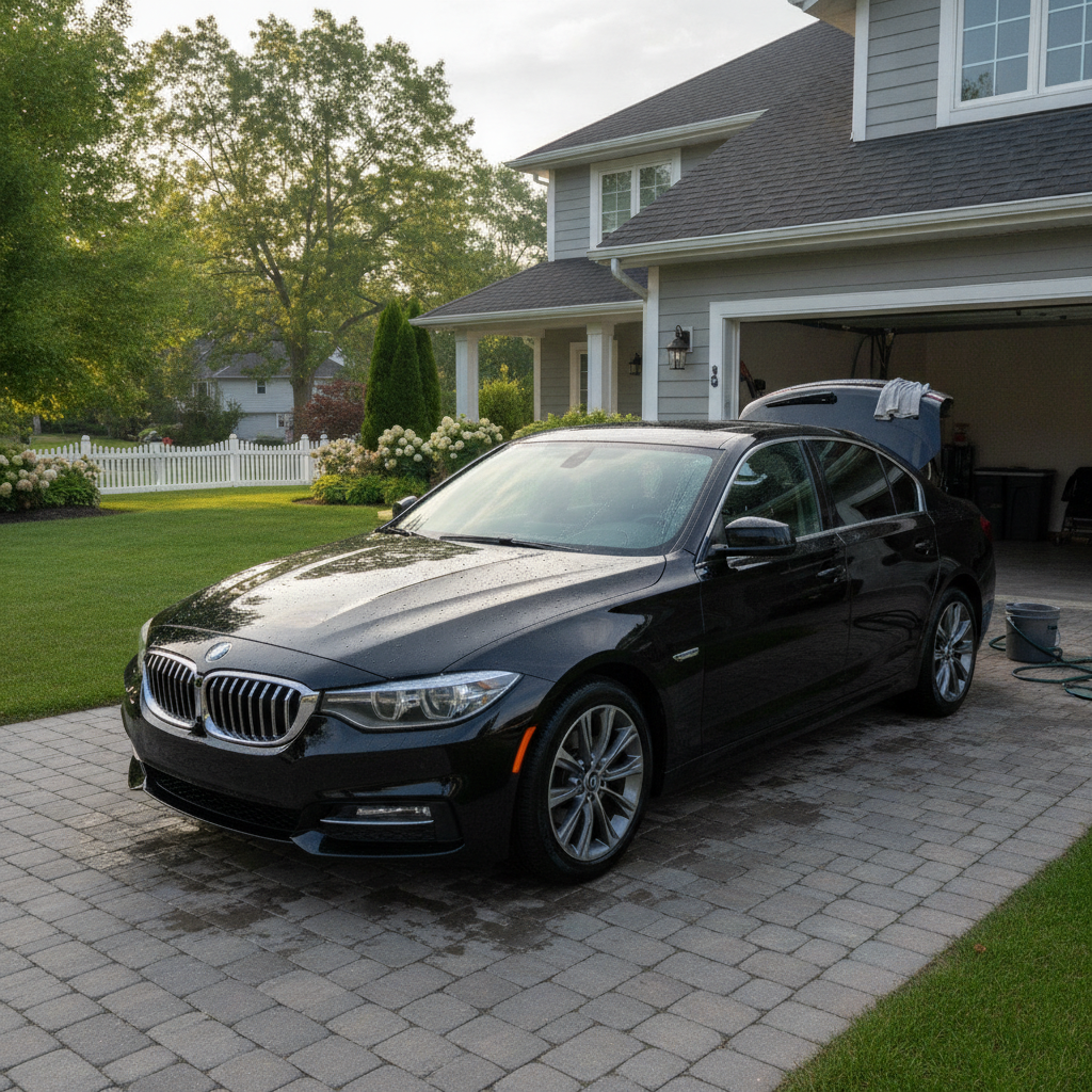 freshly washed shiny clean car in residential driveway