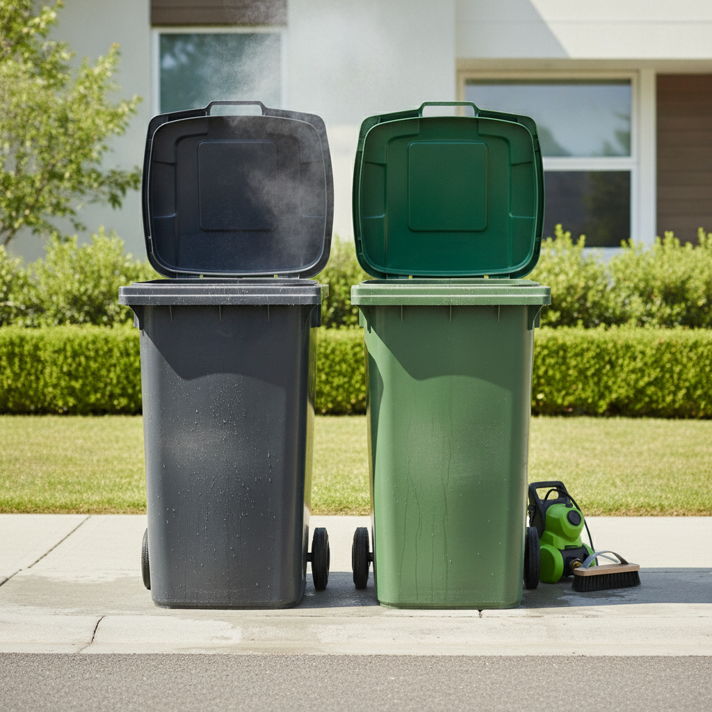 Poubelles résidentielles parfaitement propres et désinfectées sur un trottoir à Vaudreuil