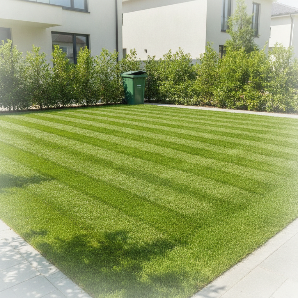 perfectly mowed clean green lawn in residential yard