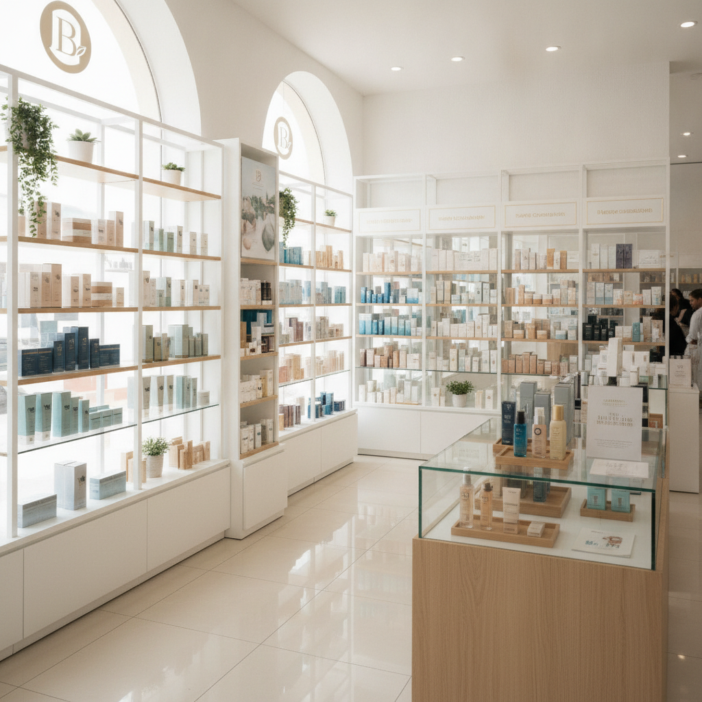 Bright and airy interior of Bahsas Care pharmacy in Tripoli featuring white shelves, soft natural lighting, and elegantly displayed premium skincare and beauty products