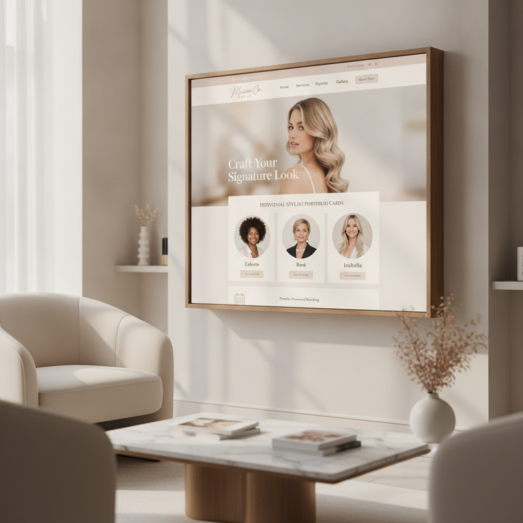 Elegant hair salon homepage mockup with stylist portfolio cards and warm neutral color palette