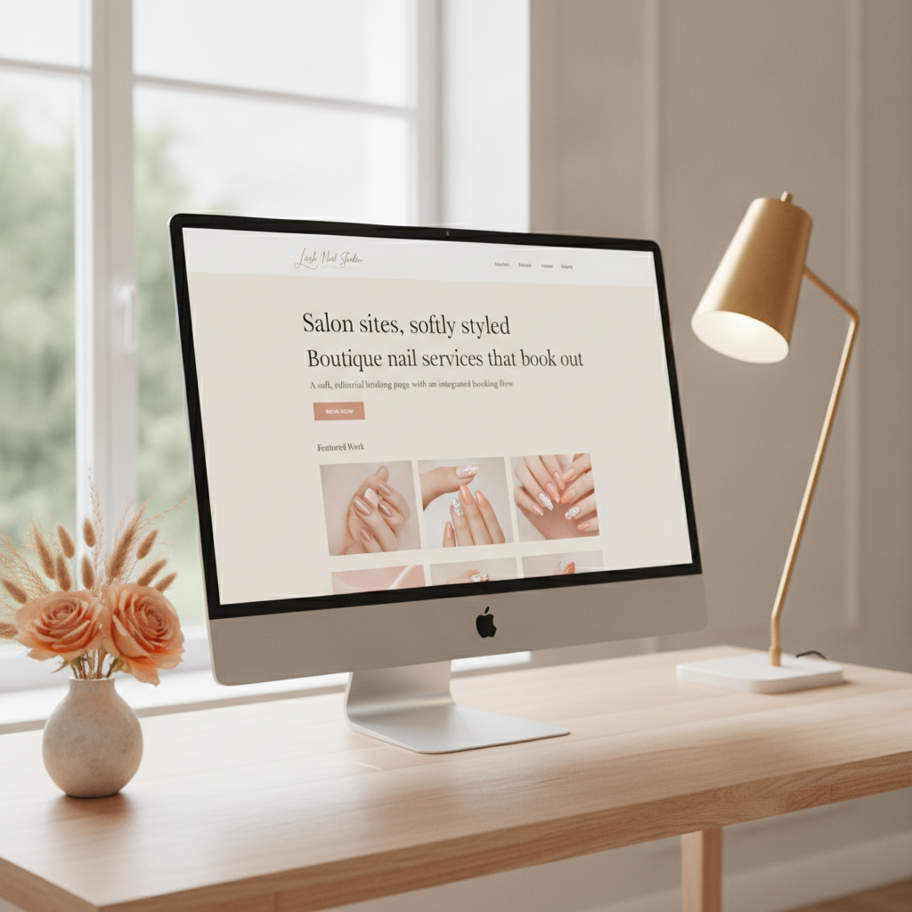 Lush Nail Studio minimalist landing page mockup with soft peach tones and gel manicure gallery