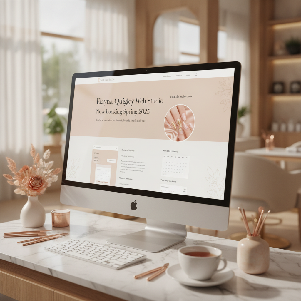Elegant boutique nail salon website mockup with soft peach hero section, elegant Fraunces serif headline, and online booking preview for Lush Nail Studio