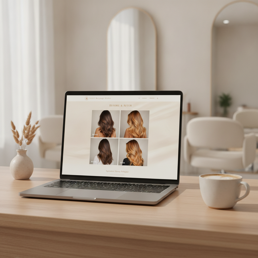 Balayage studio portfolio website preview featuring before and after color transformation gallery