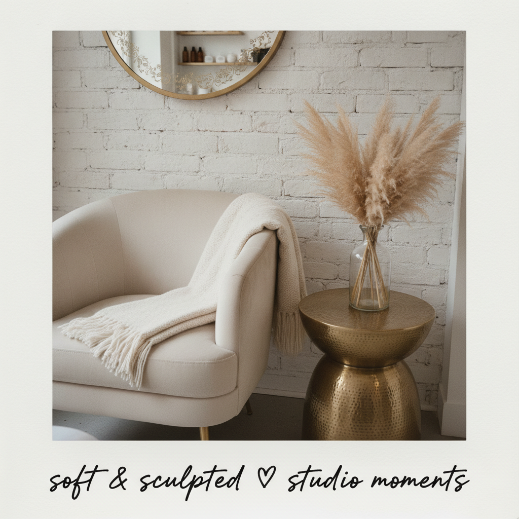 Polaroid of a cozy boutique nail salon interior detail with dried pampas grass, brass accents and a cream velvet chair