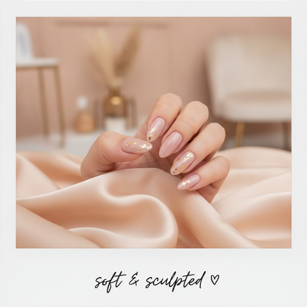 Close-up polaroid of a delicate almond-shaped nude pink manicure with gold leaf accents resting on soft peach silk in a boutique nail studio