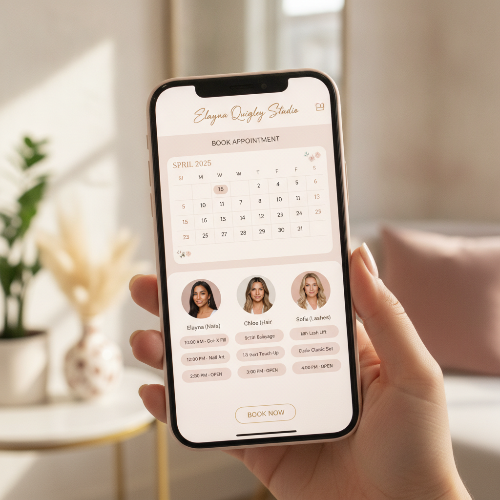 Smartphone screen displaying a salon booking app with appointment calendar and stylist availability slots