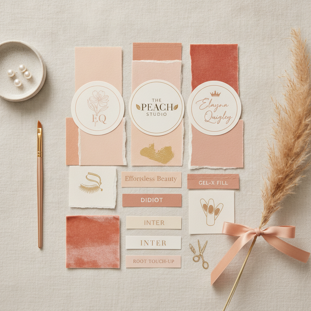 Feminine brand mood board with peach color swatches, logo samples, and elegant typography for a beauty salon identity