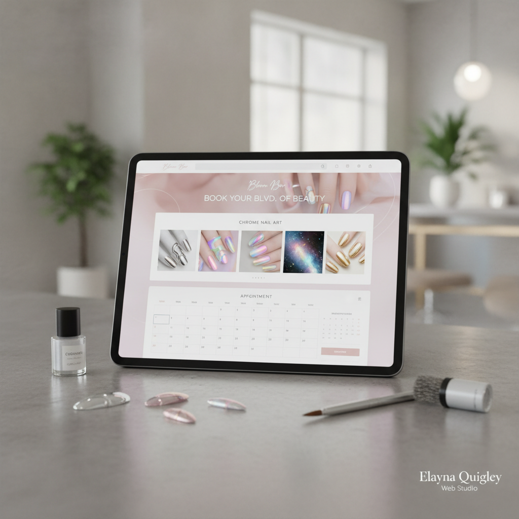 Modern nail bar booking website preview featuring chrome nail art portfolio and appointment scheduler
