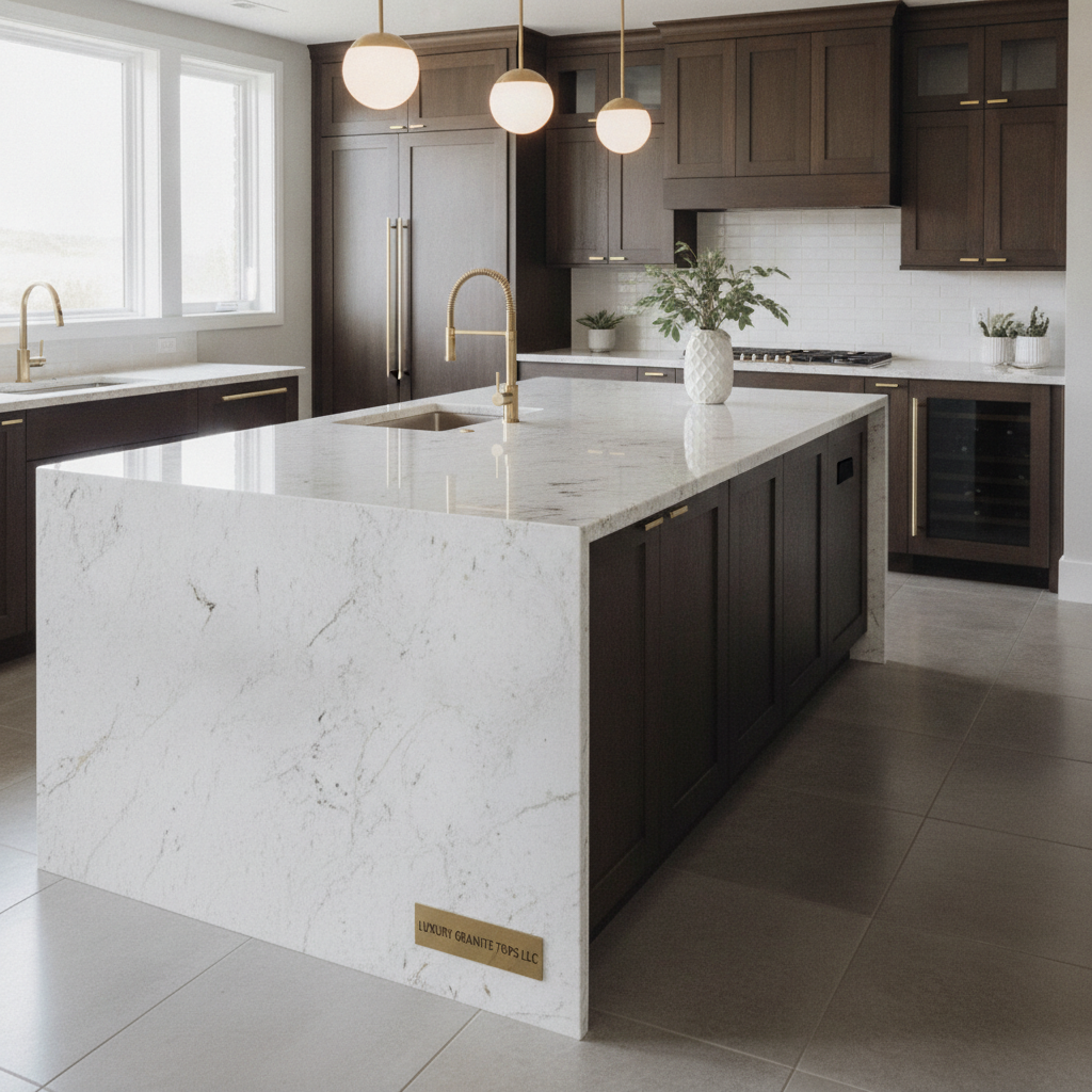 Luxurious modern kitchen featuring a pristine white granite waterfall countertop island fabricated by Luxury Granite Tops LLC