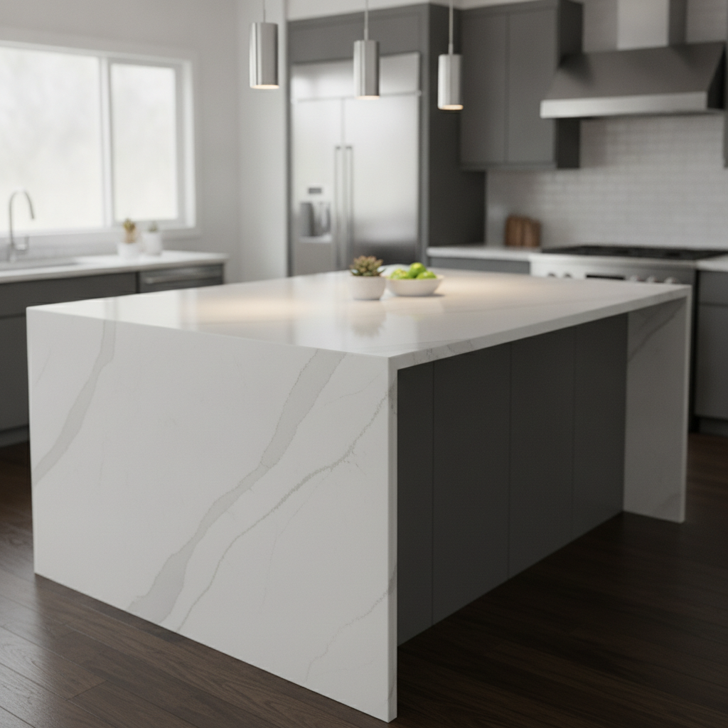 A sleek premium quartz island with a clean, minimalist white and grey pattern