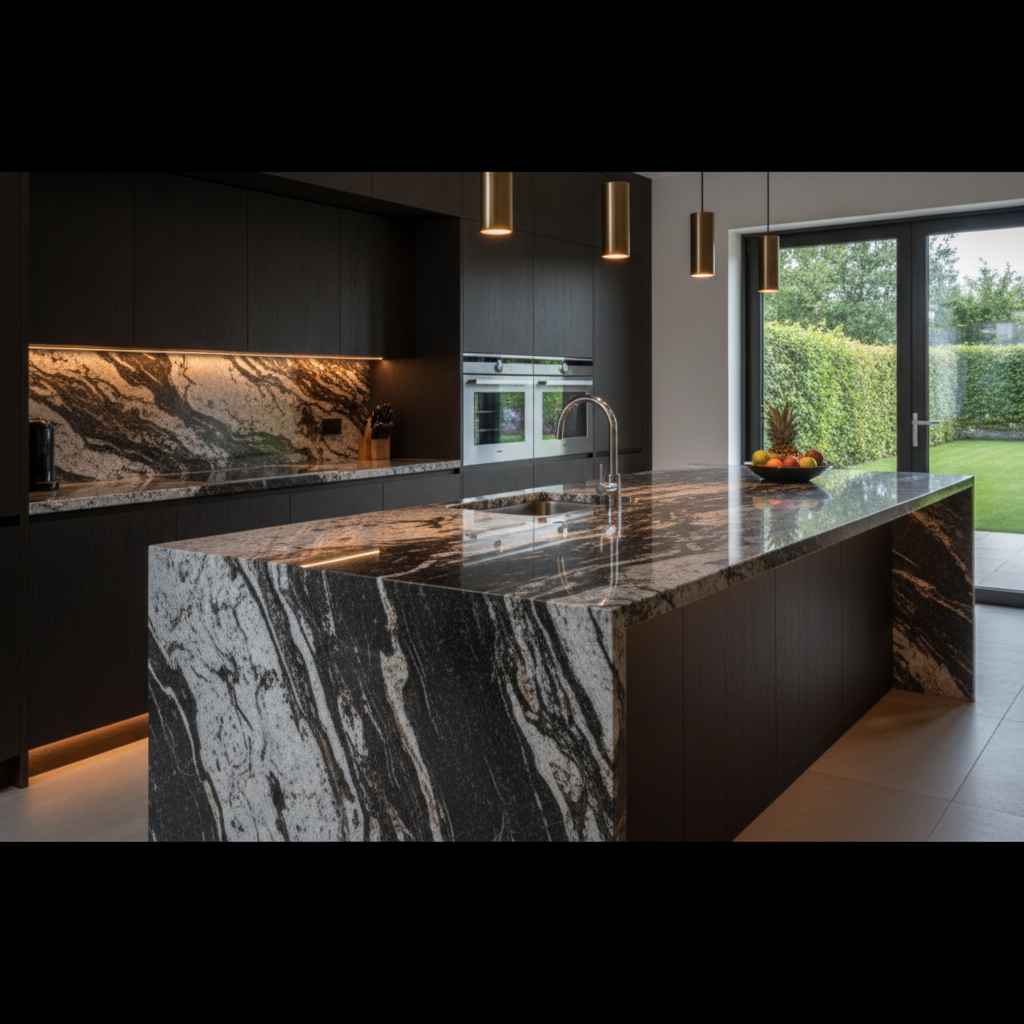 A beautiful custom granite countertop in a modern kitchen with intricate veining