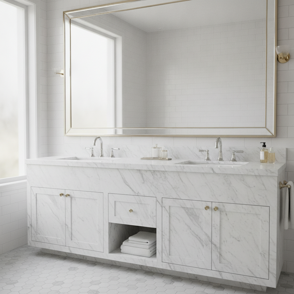 A timeless luxury marble bathroom vanity with soft, elegant grey veining
