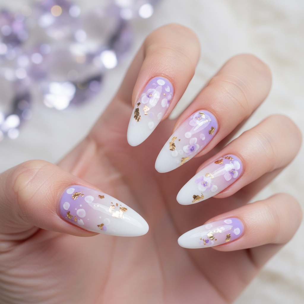 Dreamy soft lavender to white ombre stiletto nails featuring delicate hand-painted floral accents with tiny petals and gold leaf details