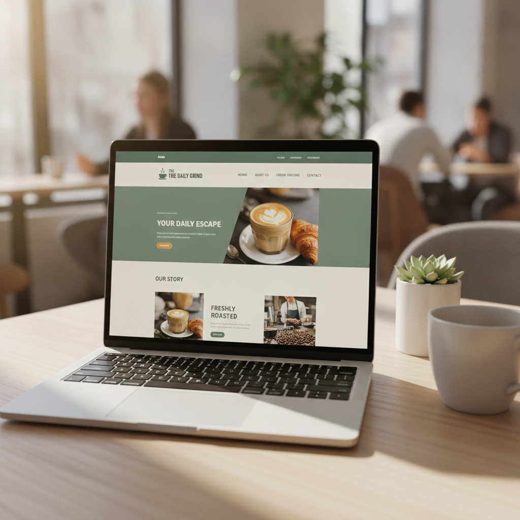 A modern and clean website design for a local cafe, shown on a laptop screen