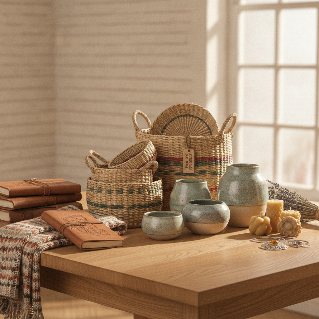 An elegant e-commerce website for an artisan craft store, showcasing handmade products