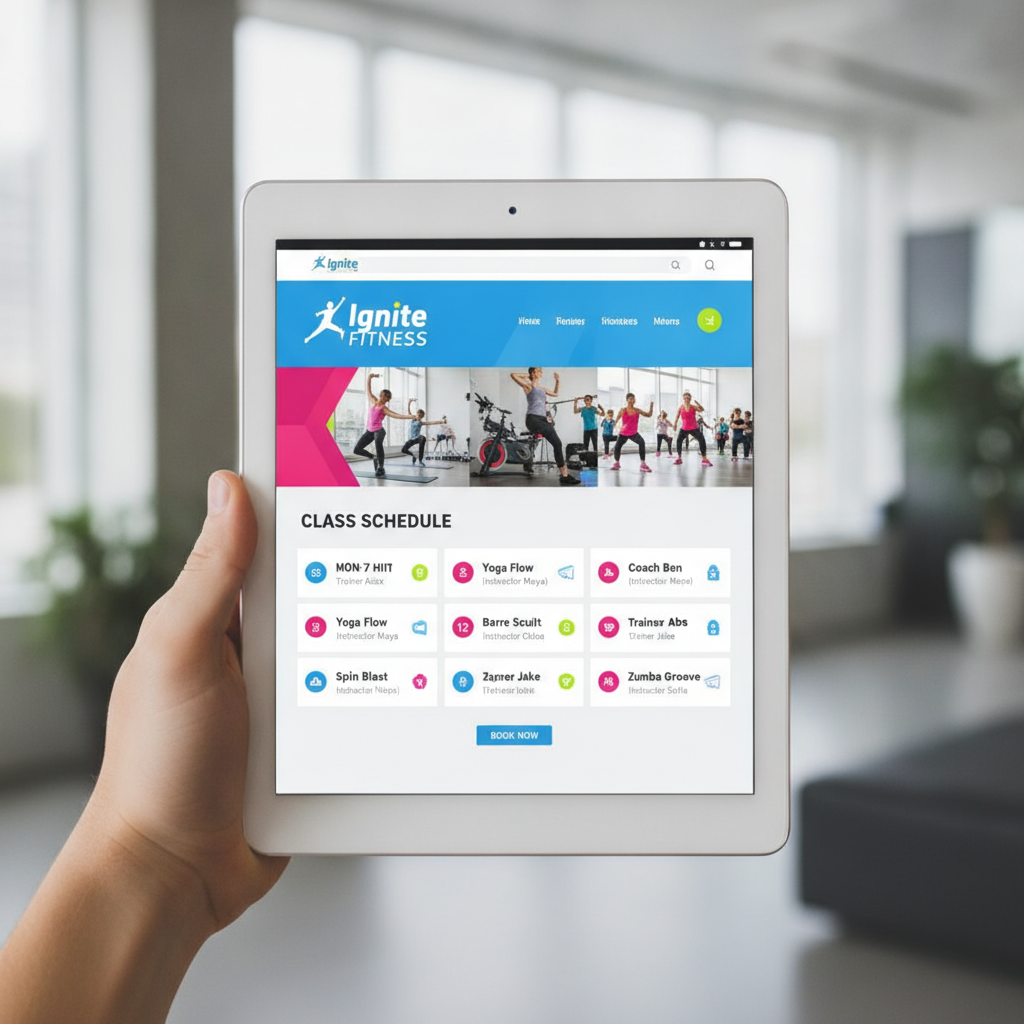 A vibrant and energetic website for a boutique fitness studio, featuring class schedules