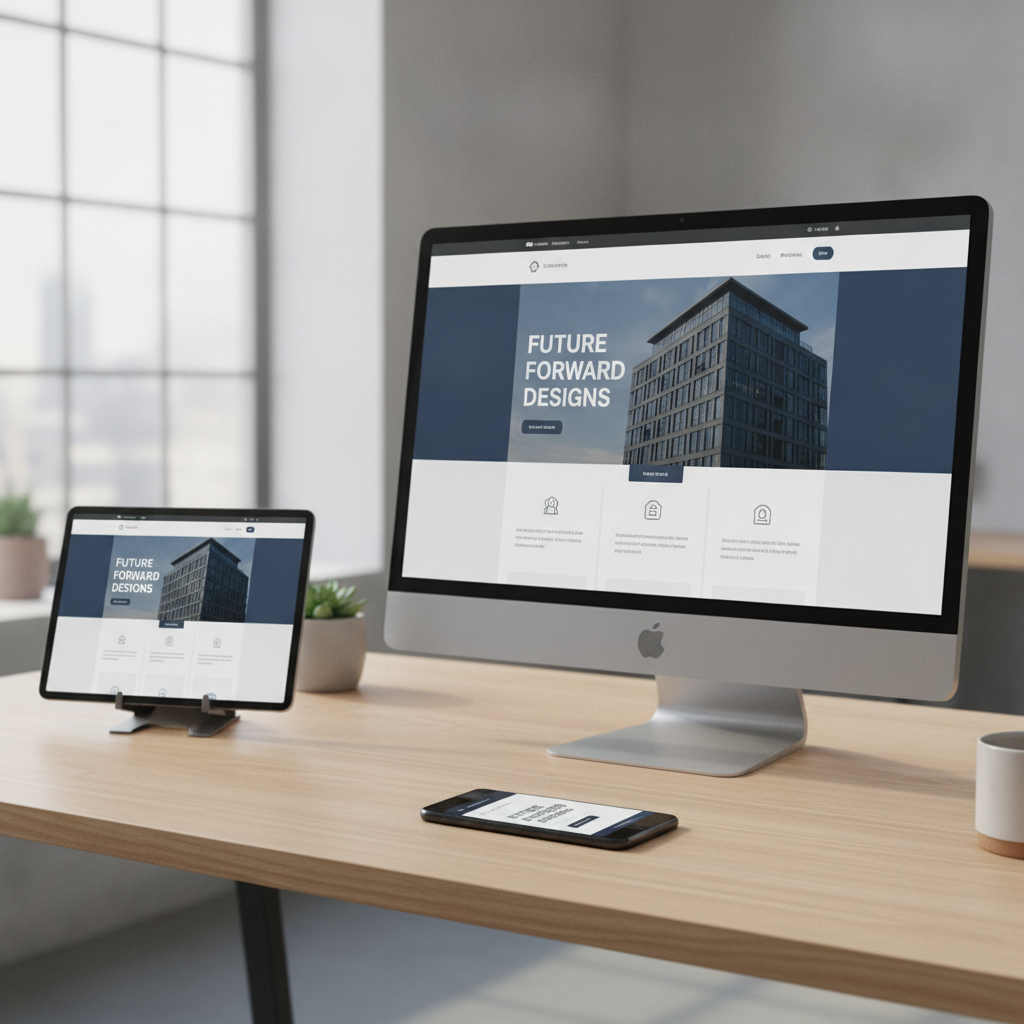 Premium responsive website design mockup displayed on desktop, tablet, and mobile screens