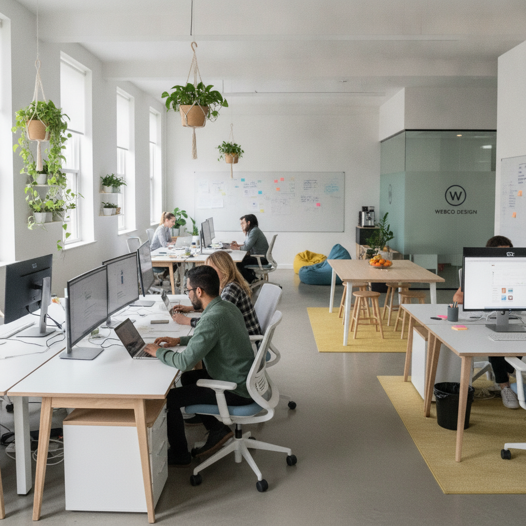 A bright and modern office space for a web design agency, with team members collaborating.
