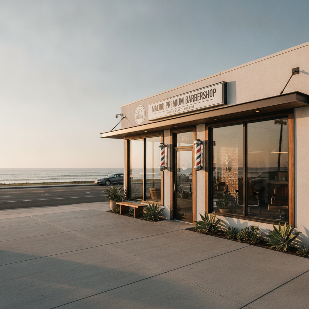 The clean, modern storefront of the barbershop on Pacific Coast Highway