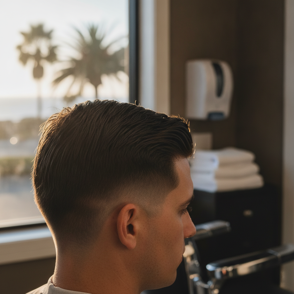 Close-up photograph of a perfectly executed skin fade haircut on a client
