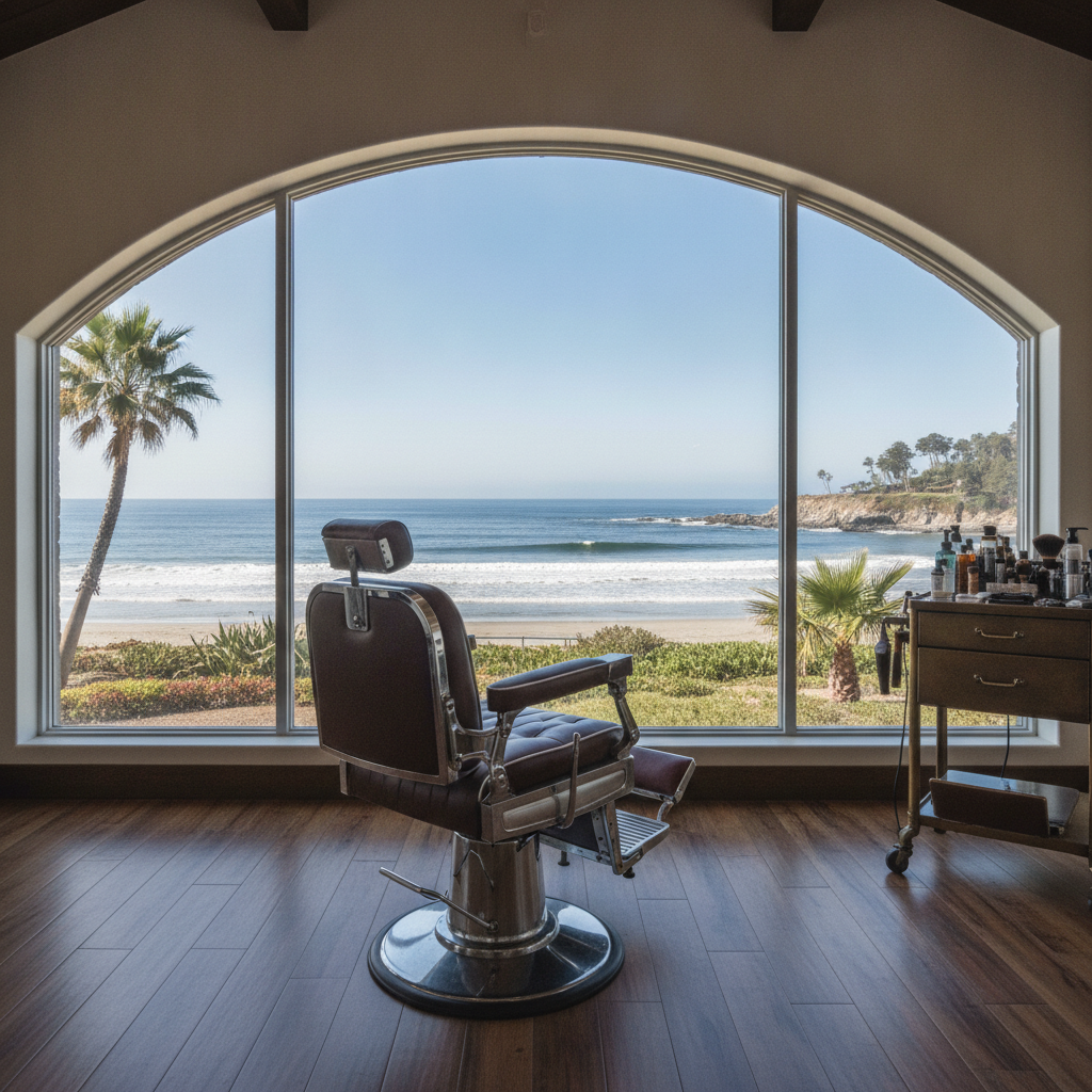 Stylish leather barber chair positioned to look out a large window at the Malibu ocean