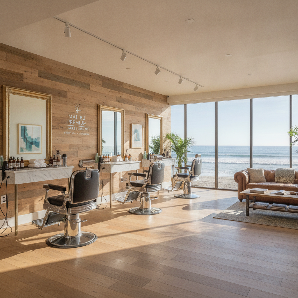 Luxurious and bright interior of a Malibu barbershop with ocean views