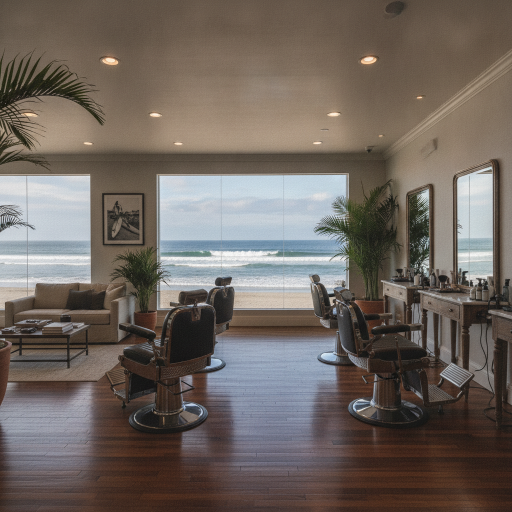Upscale barbershop interior in Malibu with ocean view