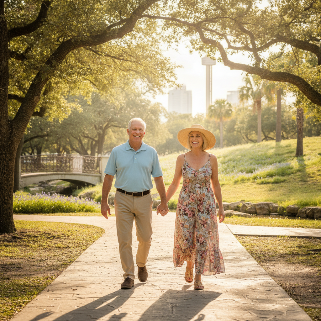 A happy, healthy senior couple enjoying a walk together in a sunny park in Texas, representing a worry-free retirement.