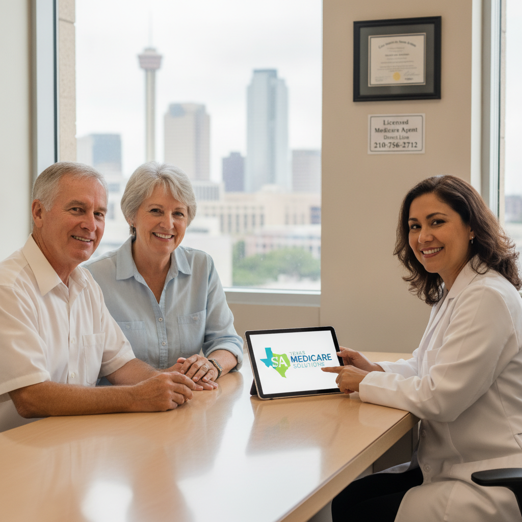 Smiling elderly couple confidently discussing San Antonio Medicare Pros insurance options with a friendly doctor in a bright San Antonio office