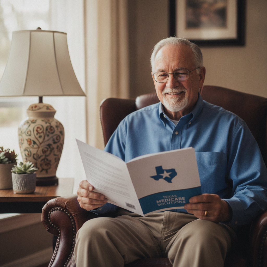 A smiling senior man sitting comfortably in an armchair, carefully reading a Medicare information brochure.