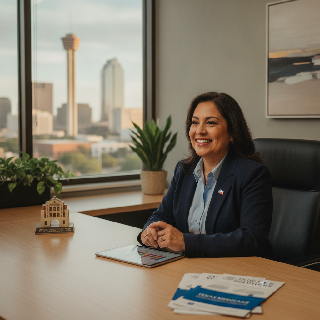 A professional and friendly San Antonio Medicare Pros insurance agent sitting at a desk in a modern San Antonio office, smiling warmly.