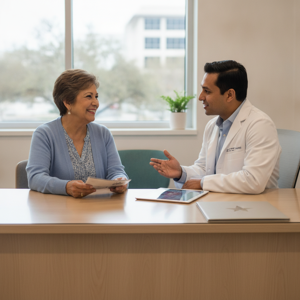 An elderly woman having a positive and reassuring conversation with her doctor in a bright, modern clinic.