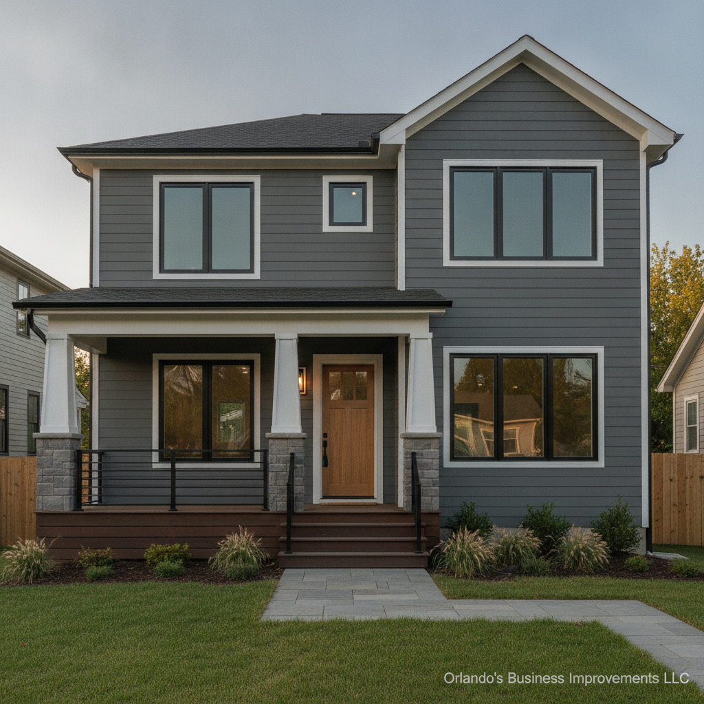 The exterior of a modern home featuring new siding, windows, and a renovated front porch.