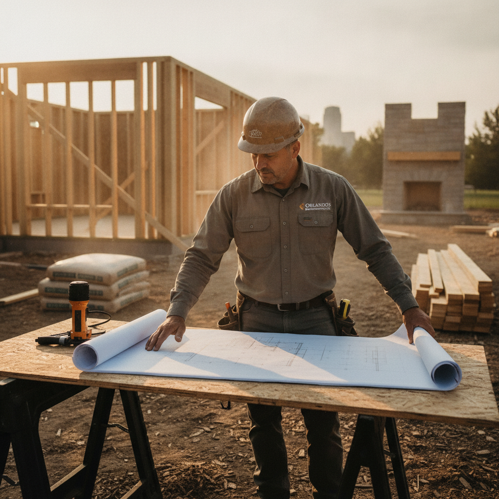 Orlando, the lead contractor, carefully reviewing architectural blueprints at a construction site.