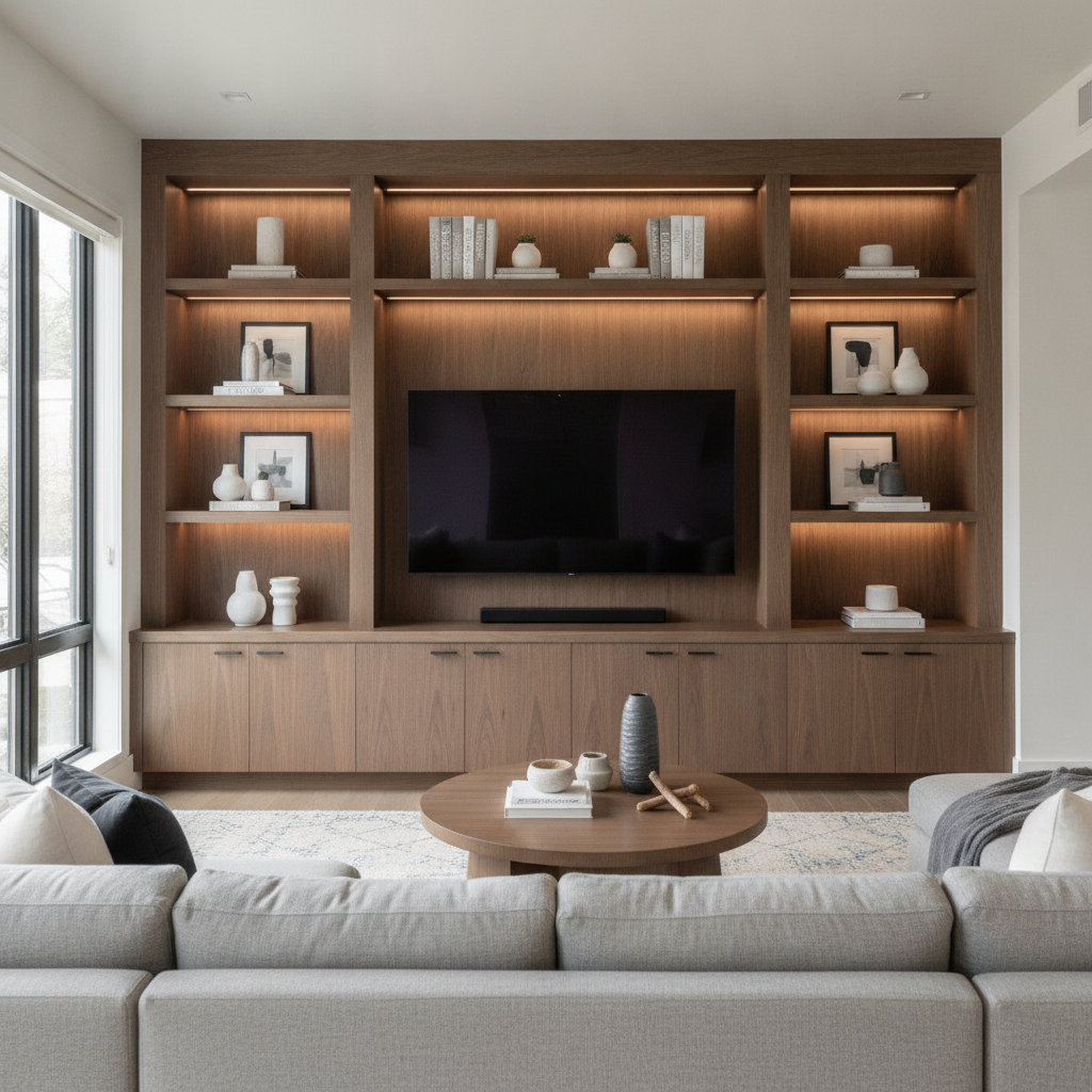 Elegant custom built-in shelving and entertainment center in a modern living room.