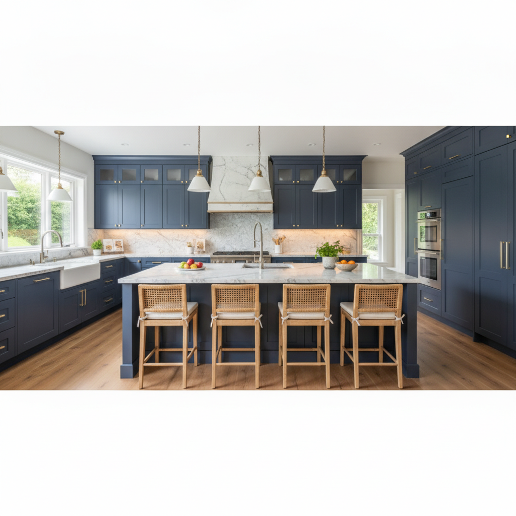 A beautifully finished luxury kitchen remodel with a large marble island and custom cabinetry.