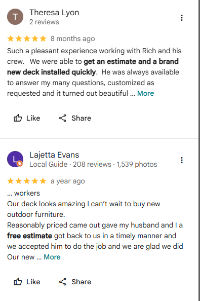 Customer review screenshot 1 from Google or Facebook for Amish Country Construction