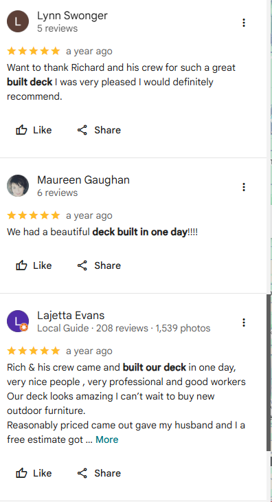 Customer review screenshot 3 from Google or Facebook for Amish Country Construction