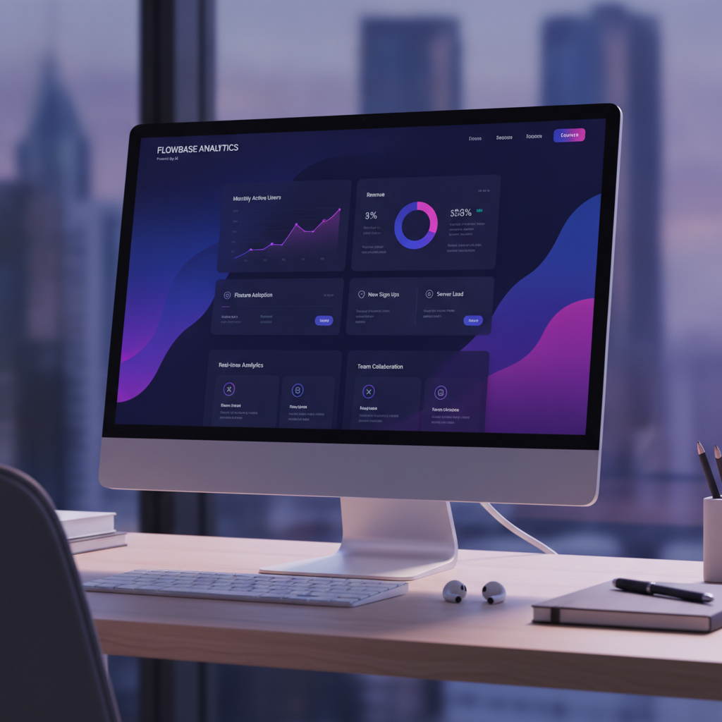 Custom-built SaaS product landing page featuring a modern dark UI with purple gradients and dashboard mockups