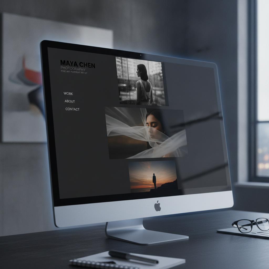 Custom-built photographer portfolio site with minimal dark editorial layout and large image showcases