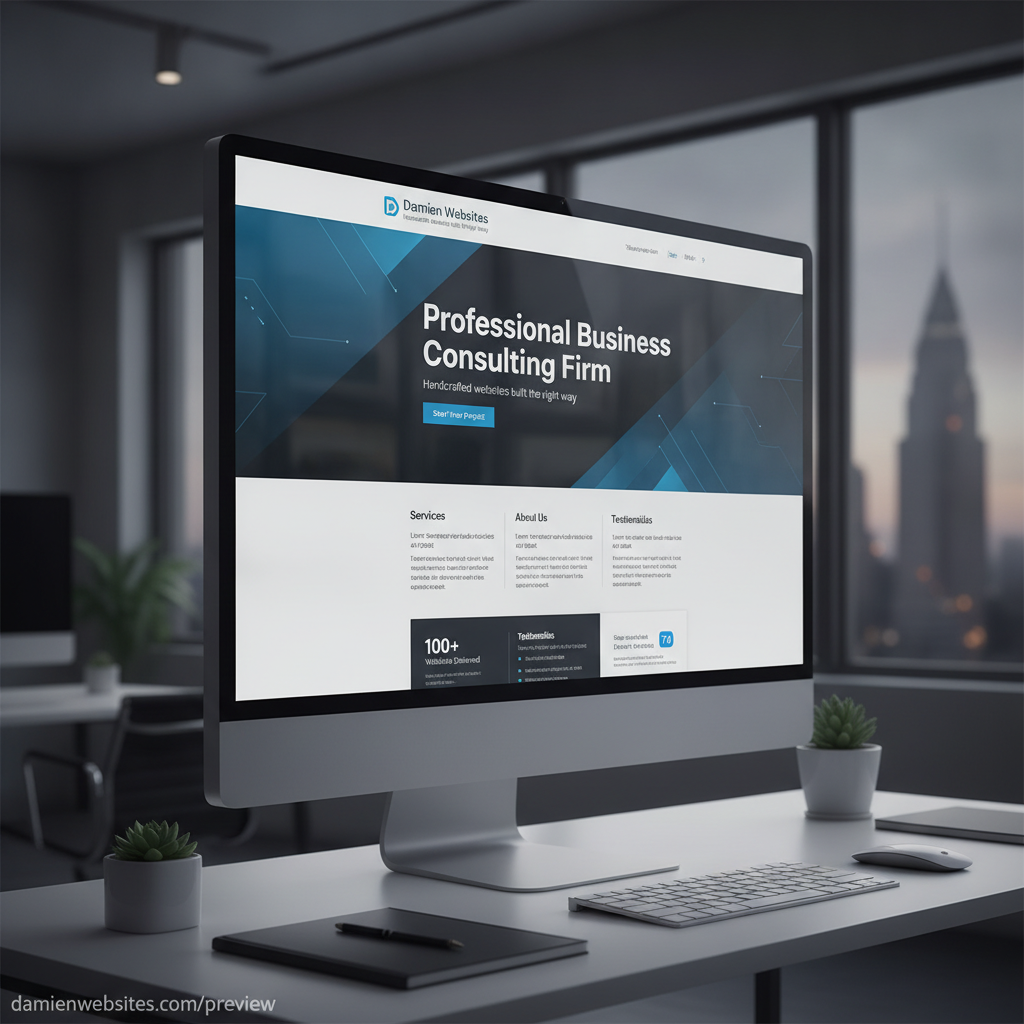 Professional business consulting firm landing page mockup with clean modern design, slate color palette, blue accent hero section, and corporate typography