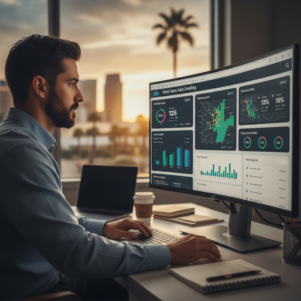 Professional web designer reviewing website analytics and lead generation dashboard for local Las Vegas business