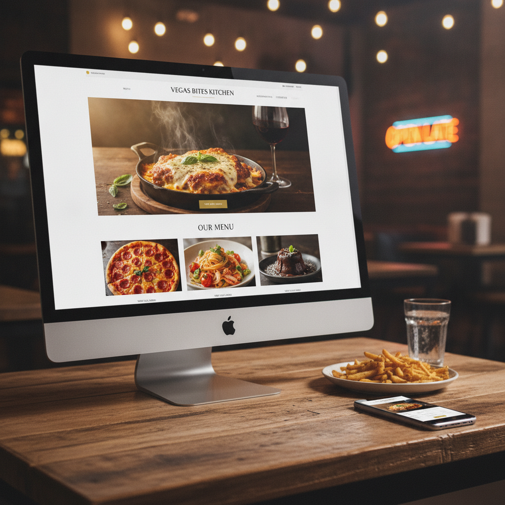 Appetizing website design mockup for a local Las Vegas restaurant featuring warm food photography and online menu