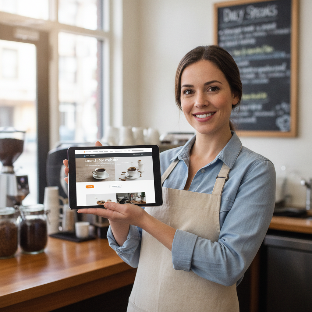 Friendly small business owner smiling in their local shop holding a tablet showing their new website