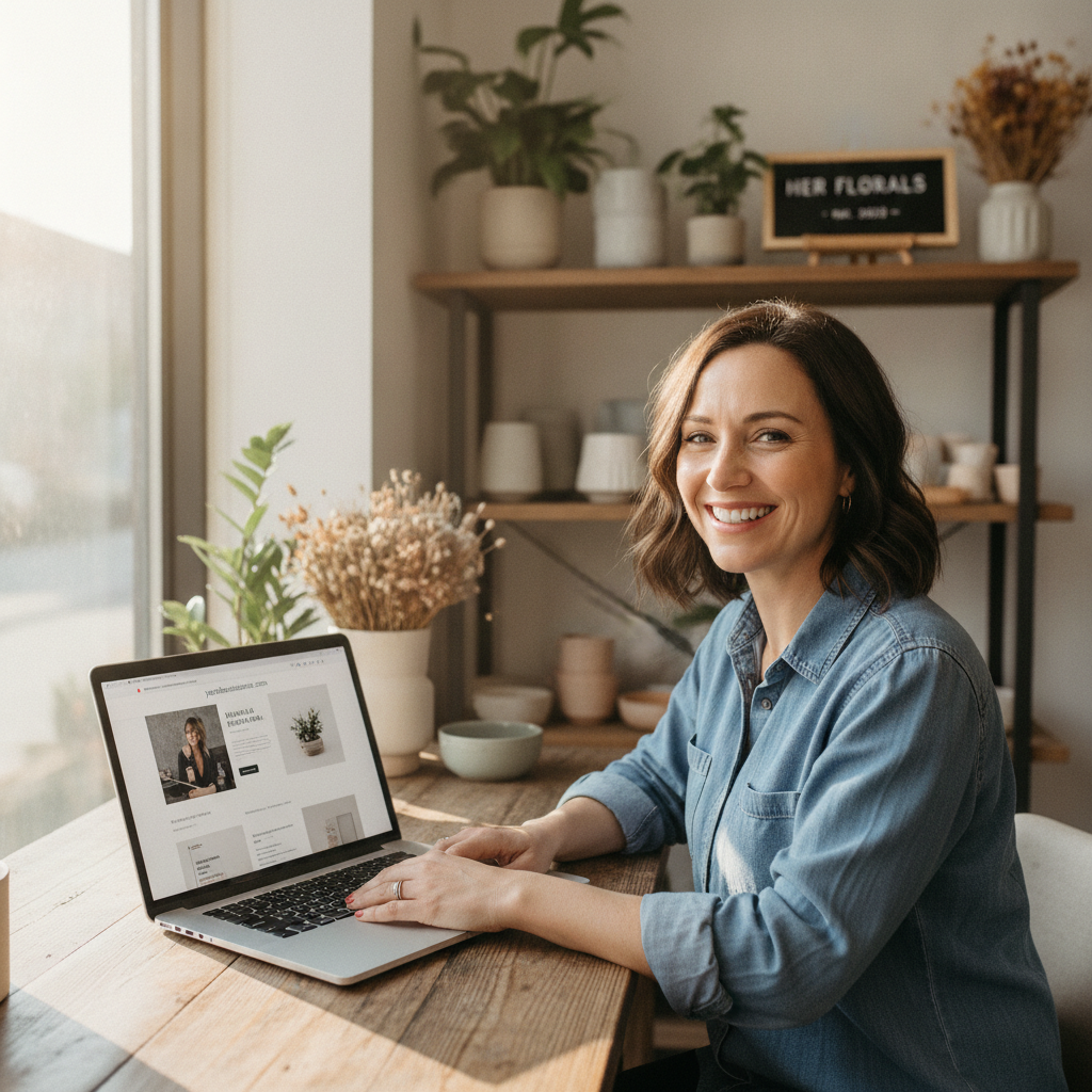 Happy small business owner smiling at their new website on a laptop in their shop