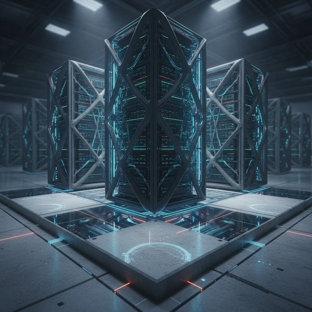 Abstract visualization of high-density AI server racks supported by advanced CNFC high-load flooring