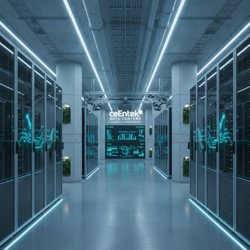 Cinematic rendering of a modern hyperscale AI data center interior showcasing advanced infrastructure