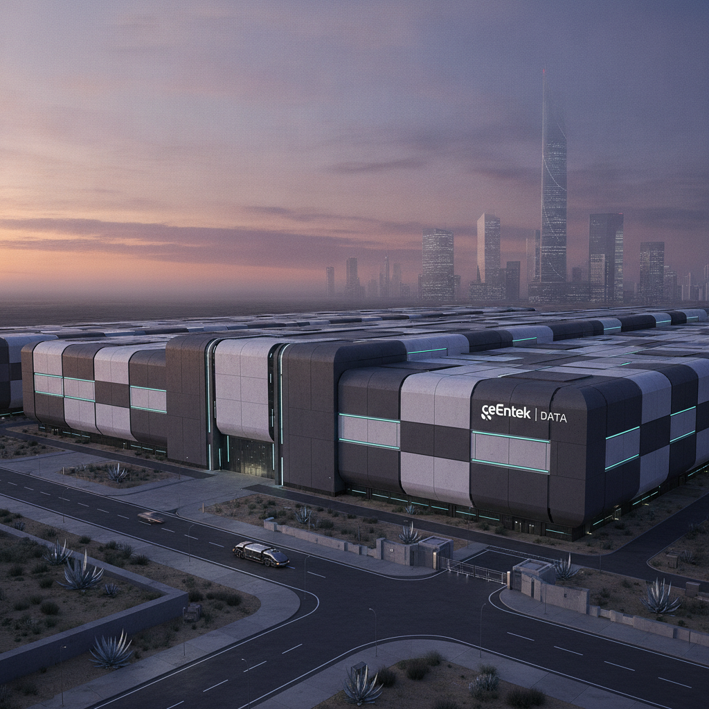 Architectural render of a modern hyperscale data center exterior utilizing advanced CNFC precast panels